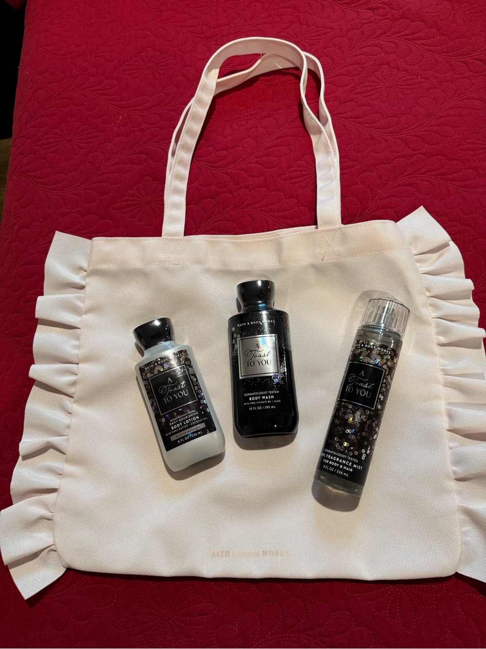 Bath & Body Works Cream Ruffle Tote with Black Shower Gel & Lotion Bottles